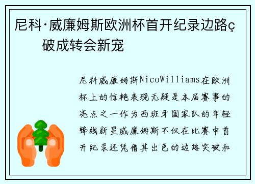 尼科·威廉姆斯欧洲杯首开纪录边路爆破成转会新宠