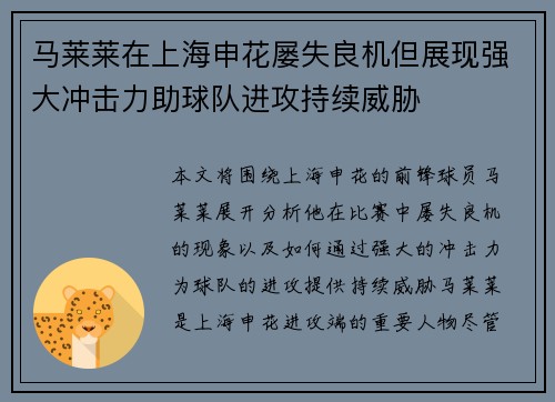 马莱莱在上海申花屡失良机但展现强大冲击力助球队进攻持续威胁
